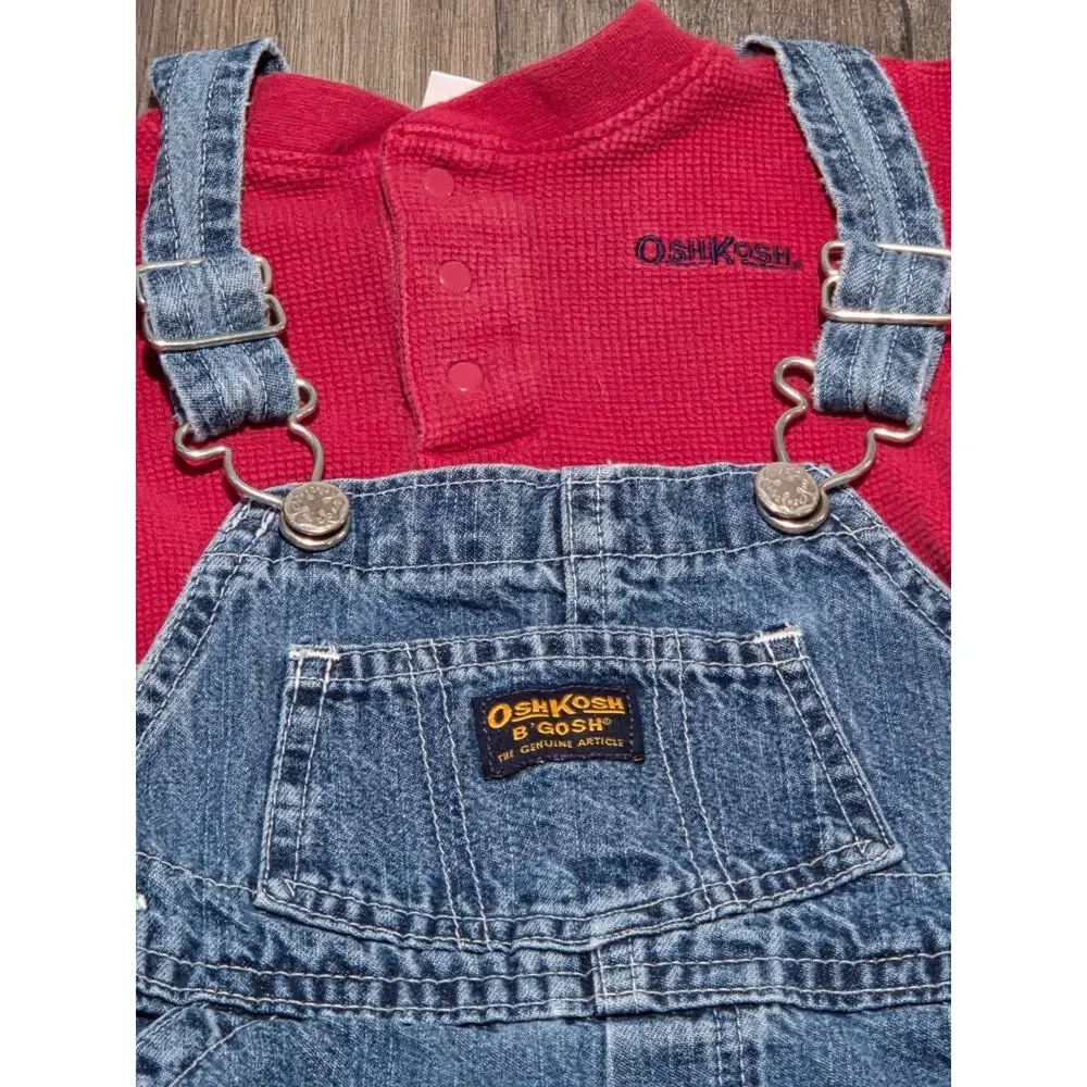 Vintage Y2K Osh Kosh B'Gosh Denim Overalls and Red Theral Shirt Size 24M